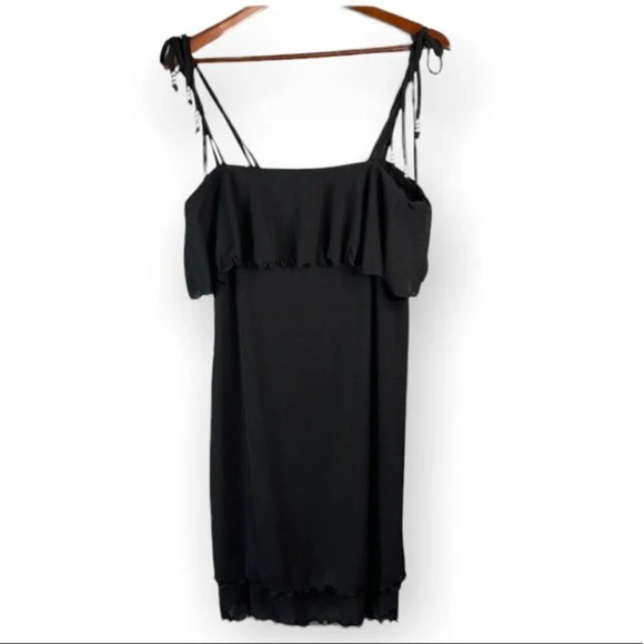 RAPZ Beach Dress Black Tied Bead Spaghetti Strap Lettuce Hem Ruffle Size L - Picture 2 of 10